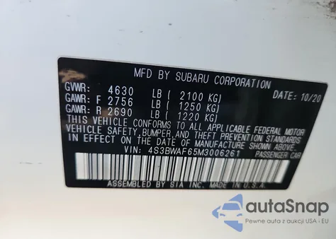 2021 Subaru Legacy Premium z USA, uszkodzony, nr VIN 4S3BWAF65M3006261